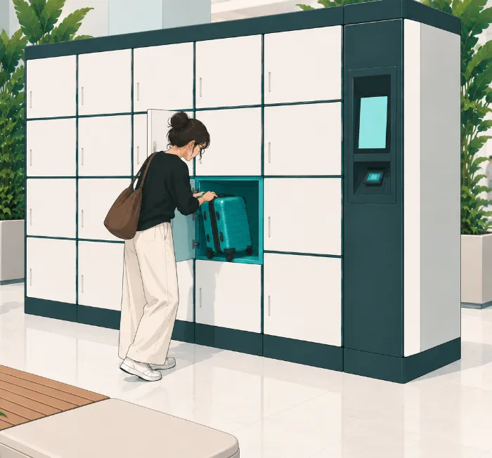 Illustration: a traveller at an open BagDrop locker with her teal suitcase, beside the touchscreen terminal on a shopping-centre floor.